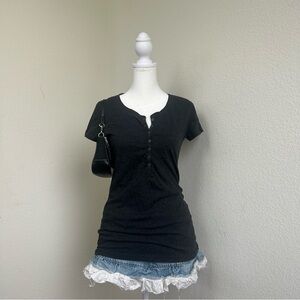 Dark Grey Snap Button Short Sleeve Henley Top Y2K Style